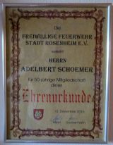 Ehrenurkunde der Freiwilligen Feuerwehr Stadt Rose